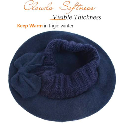 Women Knit 100% Wool Beret Artist Winter French Beret Hats - color: Navy