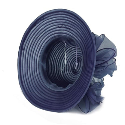 DRESHOW Lady Derby Dress Church Bowler Cloche Hat Bowknot Organza Bridal Cap for Wedding - color: 1 Pack: Navy