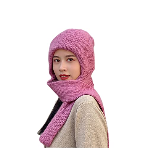 Winter Warm Elastic Soft Ear Protection Knitted Scarf Hat Fleece Lined Beanie Hat - color: H01-pink
