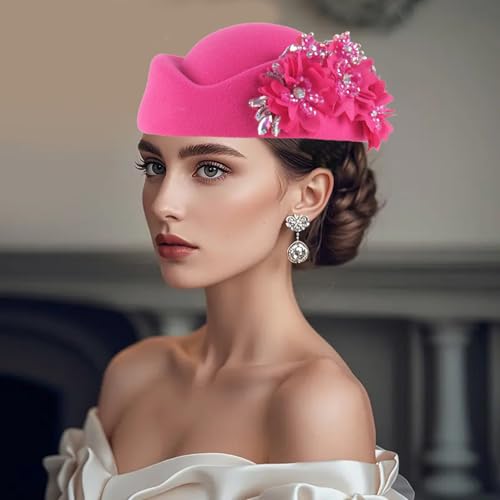 Women Vintage Church Hat Applique Felt Pillbox Hat Fascinator Tea Party Cap - color: Z1-rose Red
