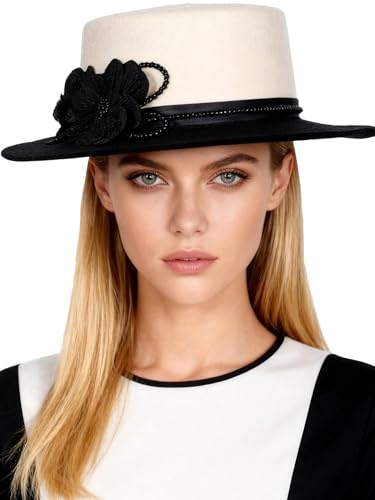 HIMESPORT Women's Black/White Dome and Flat Brim Wool Felt Fedora Hat with Flower Beaded Formal Church Cocktail Hats - color: White