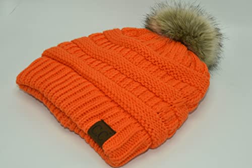 C.C Trendy Fuzzy Fleece Lined Warm Comfortable Soft Stretch Cable Knit Ribbed Faux Fur Pom Pom Beanie Hat - color: Neon Orange