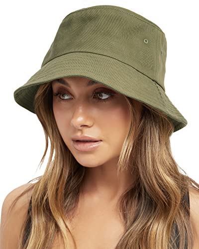 FURTALK Bucket Hats for Women Washed Cotton Packable Summer Beach Sun Hats Bucket Hat with Strings for Travel - color: 01 Army Green