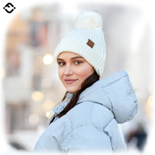 Funky Junque Women’s Pom Pom Beanie – Soft Knit Winter Hats for Women & Teens, Warm Fashionable Beanie with Faux Fur Poms - color: Ivory - Sequin