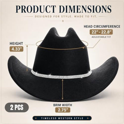 Dicunoy 2 PCS Black Cowboy Hats, Western Cowgirl Hat Glitter for Women Men