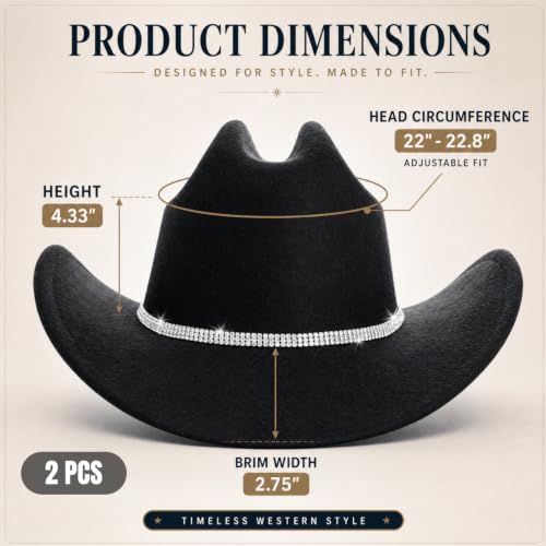 Dicunoy 2 PCS Black Cowboy Hats, Western Cowgirl Hat Glitter for Women Men