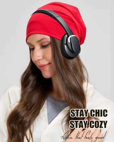 100% T-Shirt Cotton Slouchy Beanie Women Men,Lightweight Chemo Hat - color: Red(2-layer)