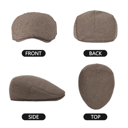 meioro Herringbone Flat Ivy Newsboy Cap for Men Classic Tweed Newsboy Hat Wool Blend Flat Cap Gatsby Cabbie Hats Ivy Caps - color: Khaki