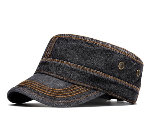 Military Cadet Army Cap for Men Women-Washed Cotton Vintage Adjustable Flat Top Baseball Hat - color: Denim Black
