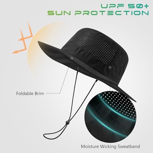 UPF 50+ Bucket Sun Hat with Laser Perforated Mesh Cooling Adjustable Breathable Lightweight for Outdoor Men Women - color: Black