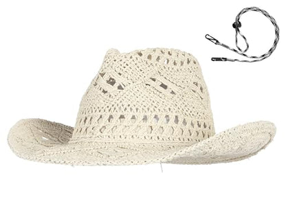 GEMVIE Men & Women's Summer Cowboy Cowgirl Straw Hat Hollow Out Style Roll Up Brim Cowboy Sun Hat - color: Khaki