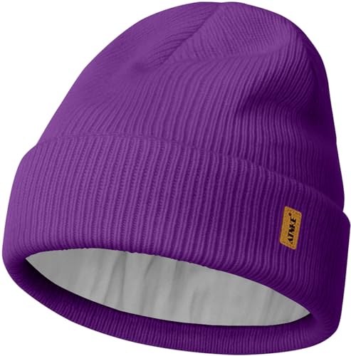 ATNKE Beanie for Men Women, Soft Warm Fleece Lined Winter Ski Beanies Hat Unisex Thick Stocking Knit Cuffed Skull Cap - color: #Inner Purple