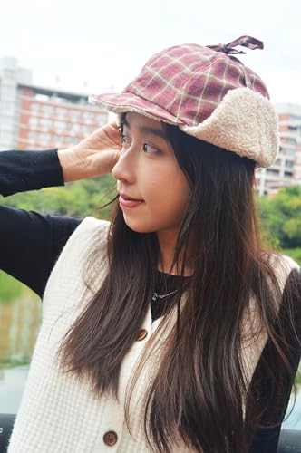 Reversible Winter Hat with Ear Flaps for Men Women Adult,Ladies Plaid Hat,Lamb Wool Lining Beanie Not for Kids - color: Plaid Red