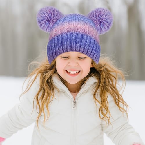 Girls Rainbow Pom Pom Beanies Hats Winter Knit Fleece Lined Beanie Hat for Kids Outdoor Snow Ski Skull Cap Age 7-12 - color: Pompom-multicolor 02(fleece Lined)