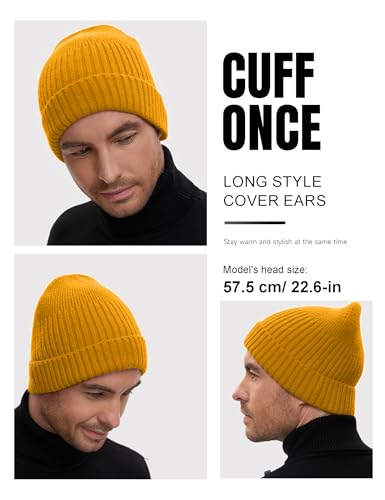 vidsel 50% Wool Double Cuff Beanie Hat for Men Women, Warm Winter Knit Cap - color: Yellow