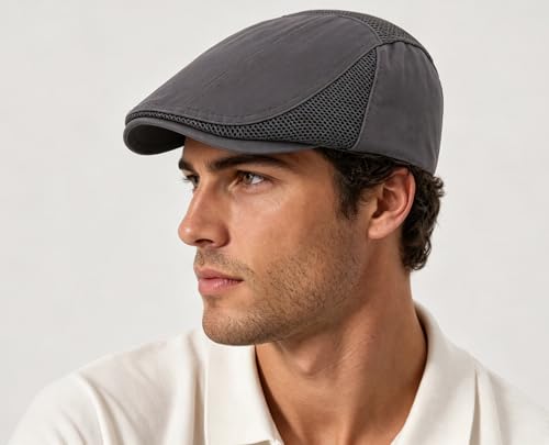 DIYDECAL Mens Cotton Mesh Newsboy Cap Flat Ivy Gatsby Hat Summer Driving Cabbie Cap - color: Grey