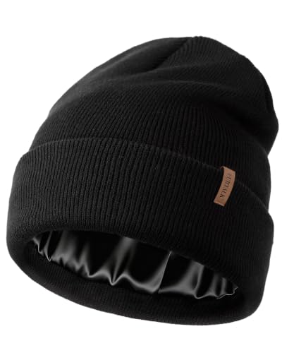 FURTALK Satin Lined Beanie for Women Men Knit Beanie Hat Acrylic Winter Hats Warm Slouchy Skull Cap - color: Black