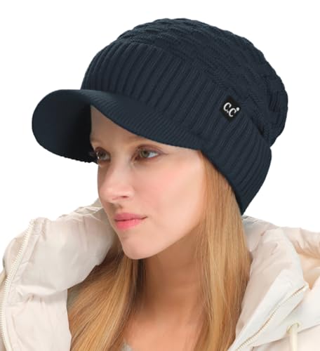 C.C Fuzzy Fleece Lined Warm Oversized Chunky Soft Stretchy Oversized Two Way Ribbed Slouchy Knit Hat with Visor Brim - color: Teal Grey