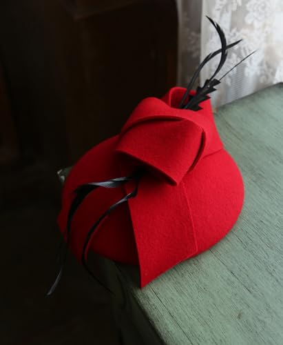 Wool Fascinator Pillbox Hat Winter British Wool Felt Hat for Women Wedding Church Hat Flower Fedoras - color: J-red