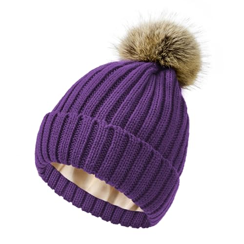 Zando Women's Satin Lined Beanie with Faux Fur Pom Pom - color: Purple