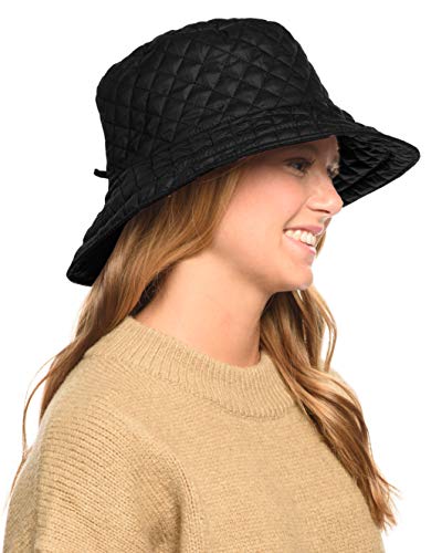 Foldable Water Repellent Quilted Rain Hat w/Adjustable Drawstring, Bucket Cap - color: Black