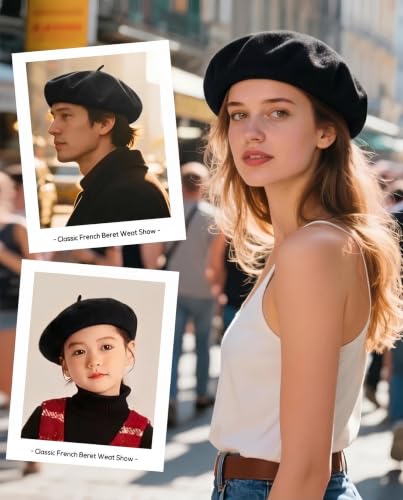 Wool French Beret Hats for Women Classic Winter Beanie Cap - color: Black
