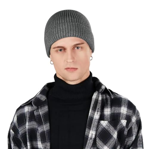 AIBEARTY Swag Short Fisherman Beanie for Men Women Rolled Cuff Beanie Skull Caps Wool Knit Winter Ski Hat with O Rings - color: Solid Grey