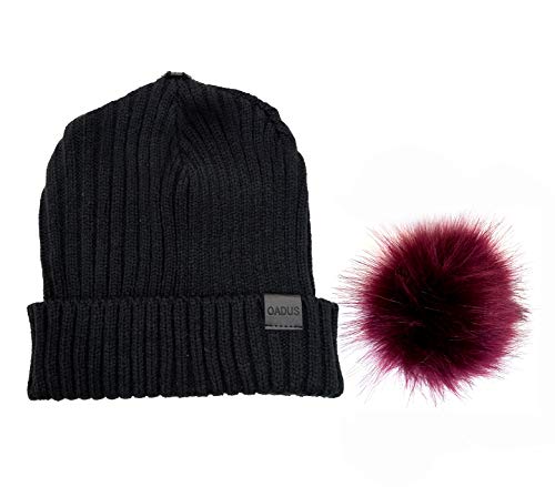 Women's Slouchy Winter Beanie Hat with Removable Faux Fur Pom - color: Black/Berry Pom