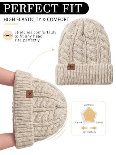 Winter Hats for Women Cable Knit Chunky Skull Cap Fleece Lined Thick Fold Cuff Beanie hat - color: Neutral Grey, style: Cross Jacquard