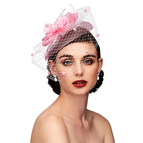 Tea Party Hat Fascinators Hats for Women Vintage Lace Mesh Floral Feather Hair Clip Headband with Veil for Church Wedding - color: Pink