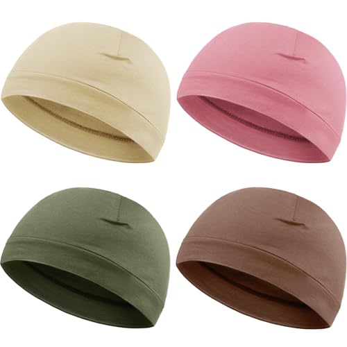 Syhood 4 Cotton Skull Caps for Men Women Sleep Night Hat Beanie - color: Army Green, Pink, Brown, Beige