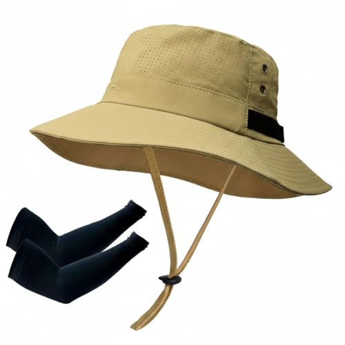 Sun Bucket Hat for Men Women Fishing Beach Safari Hats for Golf Hiking Hunting Outdoor UPF 50+ - color: With One Pair Cooling Sleeves-1pack-khaki