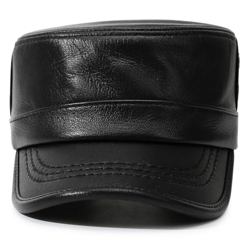 Leather Military Cap for Men Cadet Army Caps Style Flat Cap - color: Black