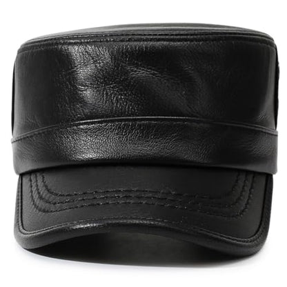 Leather Military Cap for Men Cadet Army Caps Style Flat Cap - color: Black