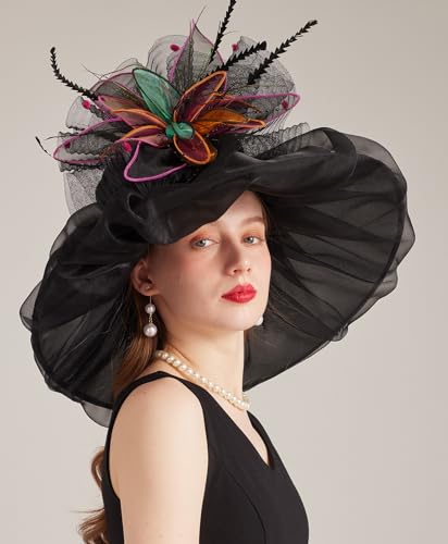 Women Derby Church Hat Organza Flower Wedding Tea Party Fascinator Wide Brim Sun Hat - color: 12-black Color