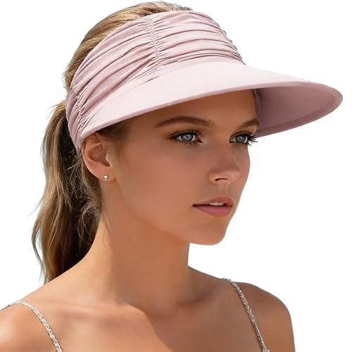 KXF Sun Visors Hat for Women Wide Brim Beach Hat Foldable Visor Hat Cap Ponytail Summer Packable UPF 50+ Adjustable Stretchy - color: Pink