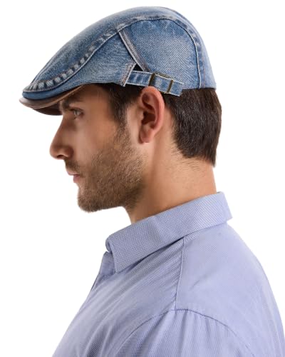 ZLYC Men Cotton Flat Cap Summer Scally Newsboy Beret Driver Hat - color: Denim Blue