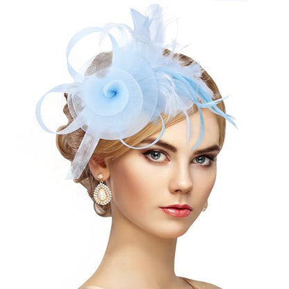 Zinniday Victorian Feather Fascinators Hats - 2025 Derby Attire Headwear with Hairpin,1920s Tea Party Hat for Woman - color: Light Blue