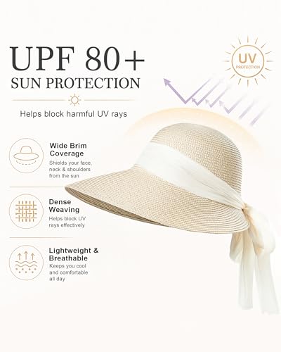 Summer Beach Hat for Women Straw Hats for Women Foldable Womens Sun Hats Outdoor Visor - color: Beige With Beige Ribbon