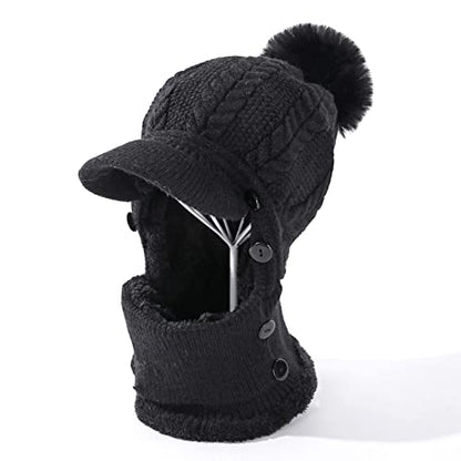 HUAMULAN Women Cable Knit Balaclavas Winter Fleece Lined Beanie Hat - color: Black With Pompom