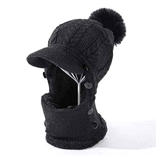 HUAMULAN Women Cable Knit Balaclavas Winter Fleece Lined Beanie Hat - color: Black With Pompom
