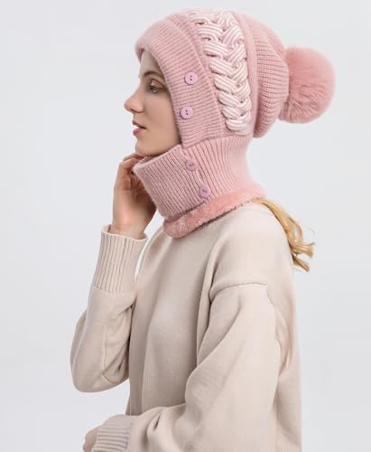 HUAMULAN Women Winter Knit Balaclava Fleece Lined Hooded Beanie Hats - color: Pink, size: One Size
