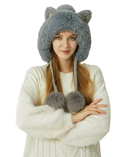 HUAMULAN Women Winter Sherpa Knit Beanie Hat Fleece Lined Ear Flaps - color: Grey Solid