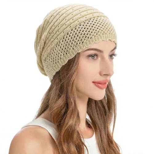 ZLYC Crochet Slouchy Beanie for Women Soft Lightweight Skull Cap - color: Plain Beige