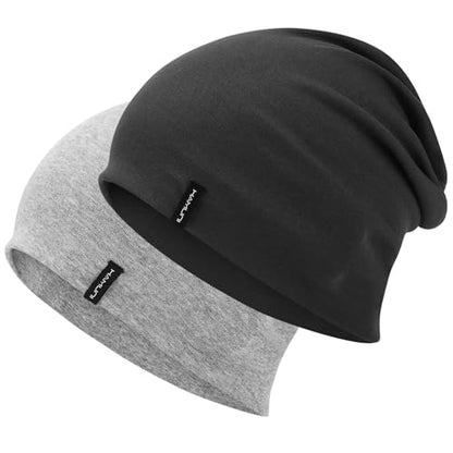 HAMUNI Slouchy Beanie for Women Men Soft Cotton Chemo Hats Double-Layer Warm Beanie Cap for Daily Wear & Transitional Seasons - color: Black+gray