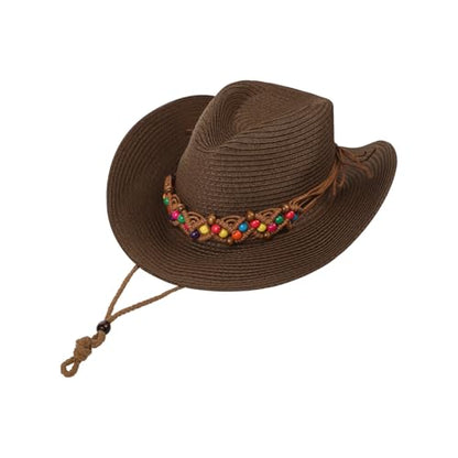 Unisex Straw Cowboy Hat Wide Brim Western Sun Hat Adjustable Beach Cowgirl Hat for Summer Outdoor Sun Protection - color: Khaki Color, Woven Strap