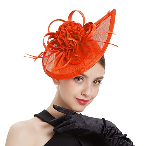 Fascinators Hat for Women Tea Party Headband Mini top Hats Cocktail Flower Mesh Feathers Hair Clip - color: Orange
