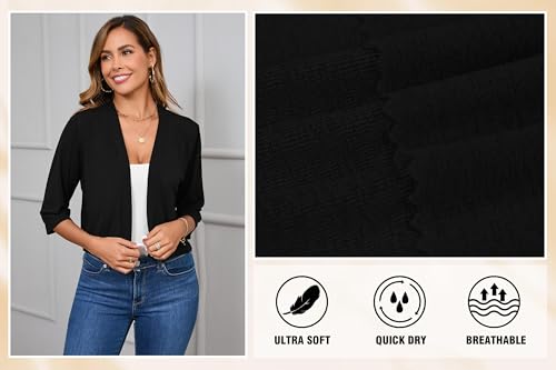 Iandroiy Women's 3/4 Sleeve Shrugs Lightweight Open Front Cropped Cardigan for Women - color: A-01 Black, size: Medium