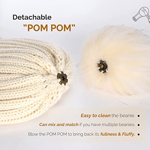 FURTALK Womens Winter Knitted Beanie Hat with Faux Fur Pom Warm Knit Skull Cap Beanie for Women - color: Beige With Beige Pom