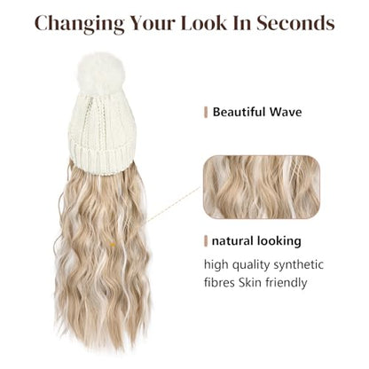 Flufymooz FLmaozi Beanie Wig, Hat Hair Extension Long Wavy White Hat Wig with Faux Fur Pom Hat, wig hat Attached 20 Inch Synthetic Hairpiece for Women Girls Winter (Light Blonde with White Blonde) - color: White Hat-light Blonde With White Blonde Highligh